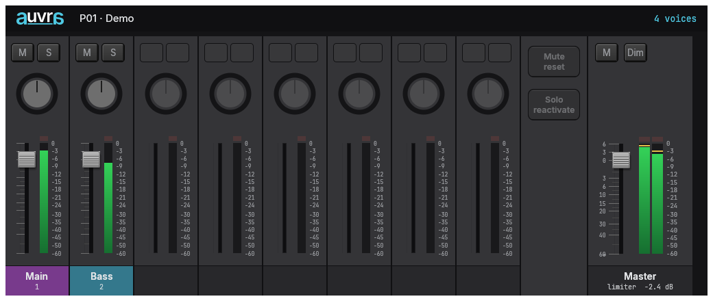 Auvra software prototype showing its mixer, pan knobs, faders, channel strips, and master section
